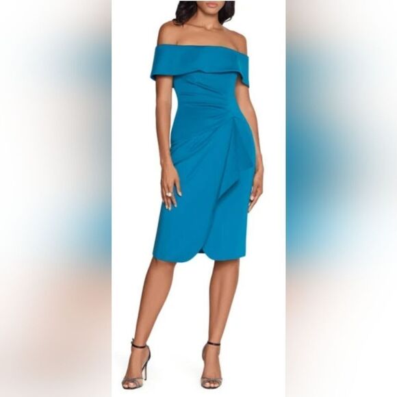 Xscape Off the Shoulder Ruched Scuba Crepe Cocktail Dress NWOT sz 6 Teal Blue - Picture 1 of 6